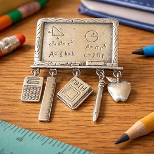 JJ Jonette Teacher Brooch Chalkboard Math Apple Pencil Pin Vintage